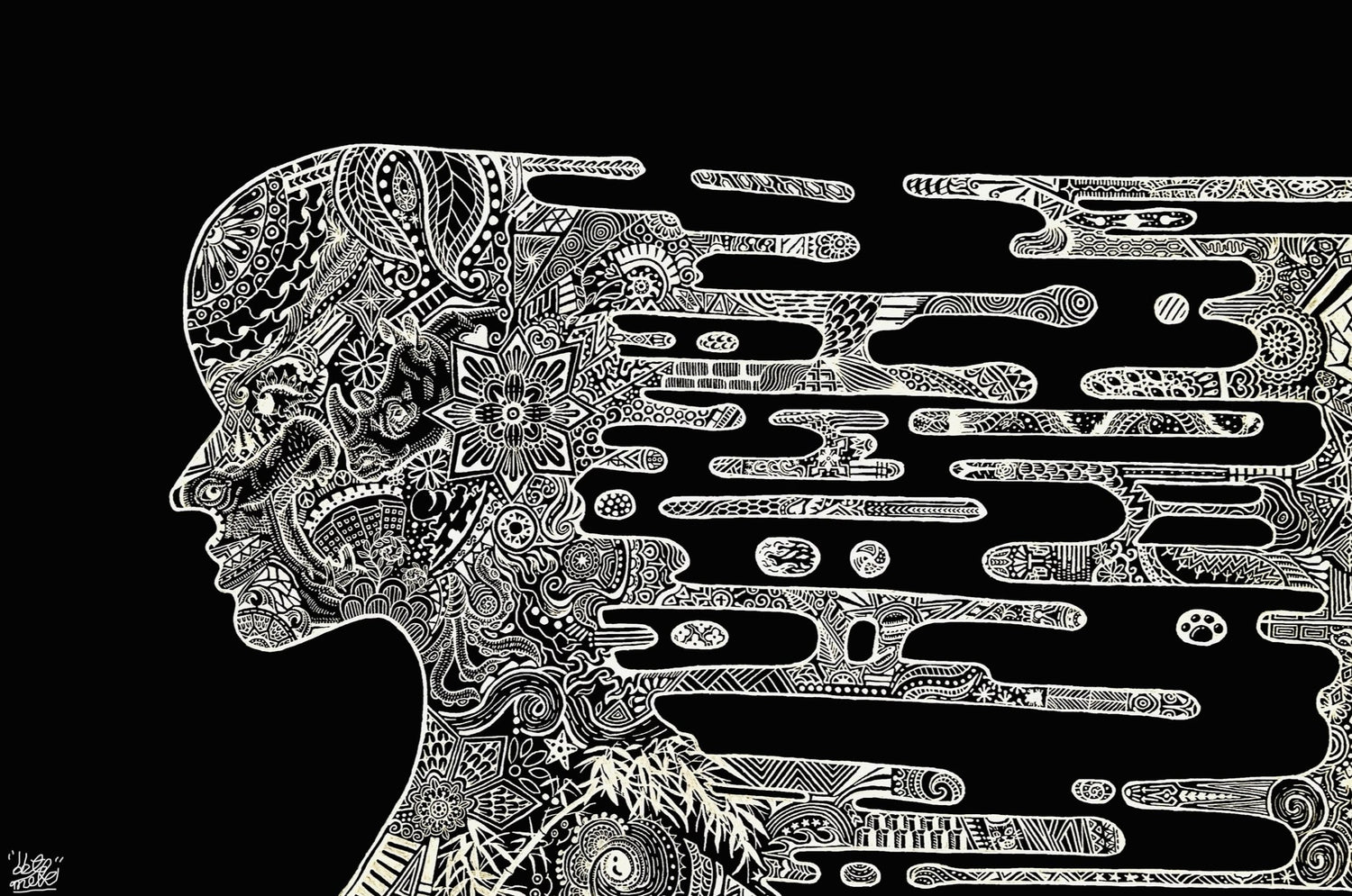 Black and white intricate design of a face on a black background